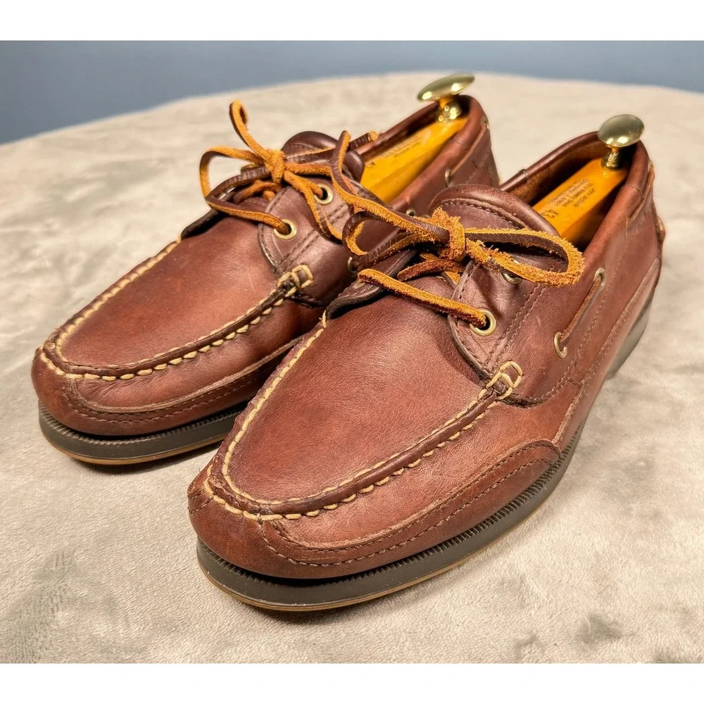 Cherokee Boat Shoes Mens 9 Brown Leather Moc Toe Lace Up Deck